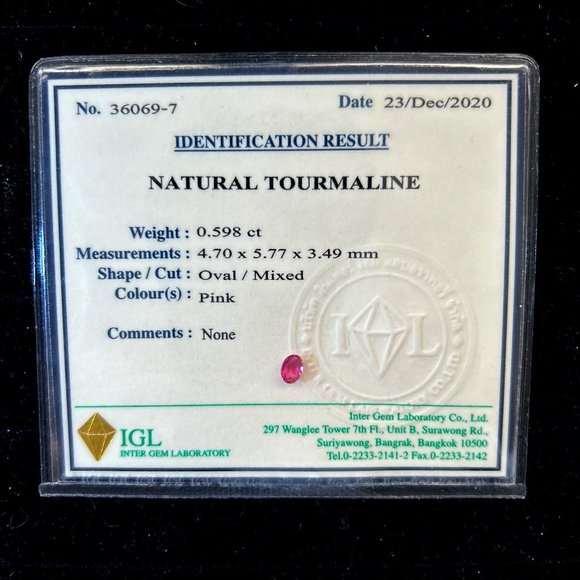 Natural Mozambique Tourmaline - IGL Certified 0.598 Carat Oval Pink Gemstone - Picture 1 of 3